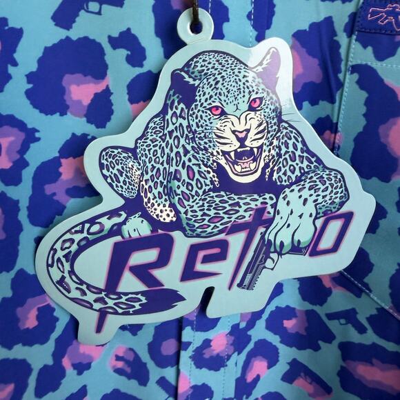 Retro Rifle Shirt Mens Medium Blue Leopard Short Sleeve Button Up Stretch NWT - Picture 9 of 14